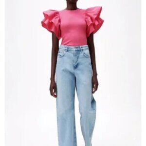 Zara Hot Pink Ruffled Sleeve Bodysuit Medium